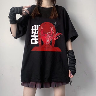 【ผ้าฝ้ายแท้】ฤดูร้อนหญิง Tee ความงามหลวมผู้หญิงเสื้อยืด Punk Anime Streetwear สุภาพสตรี gothic Top เสื้อยืด Harajuku เสื้