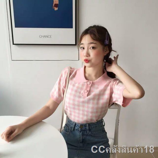 ✘CCshop 🌟 พร้อมส่ง🌟เสื้อแฟชั่นผ้า​ไหมพรม​คอปก ลายทาง(3952-1)