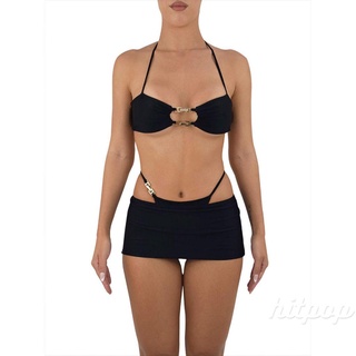 Hitpop-Women´s Three-Piece Clothes Outfit, Halterneck Sleeveless Hollow Out Tops + Thong + Skirt