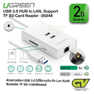 UGREEN USB 3in1 UGREEN USB 3.0 to LANGigabit+HUB+Card Read (20248)รับประกัน 2ปี