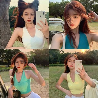 เสื้อสายเดี่ยวผู้หญิง ผ้าไหมพรม ผูกคอ คอวี แฟชั่นสไตล์เกาหลี เอวลอย เปิดหลังเซ็กซี่ สีพื้น