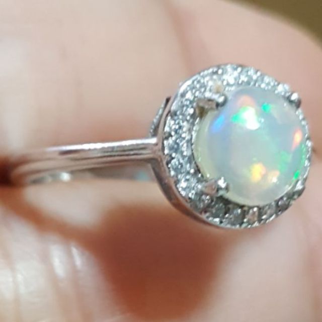 แหวนโอปอลแท้ เงินแท้925 เคลือบทองขาวแท้ เพชร CZ (Natural White Opal Ring) Size 6.25-6.5