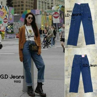 G.D.Jeans 90012#กางเกงยีนส์ผ้าด้านขายาวทรงกระบอกสีเข้มเล่นดีเทลกระเป๋าข้างแบบเก๋ๆ