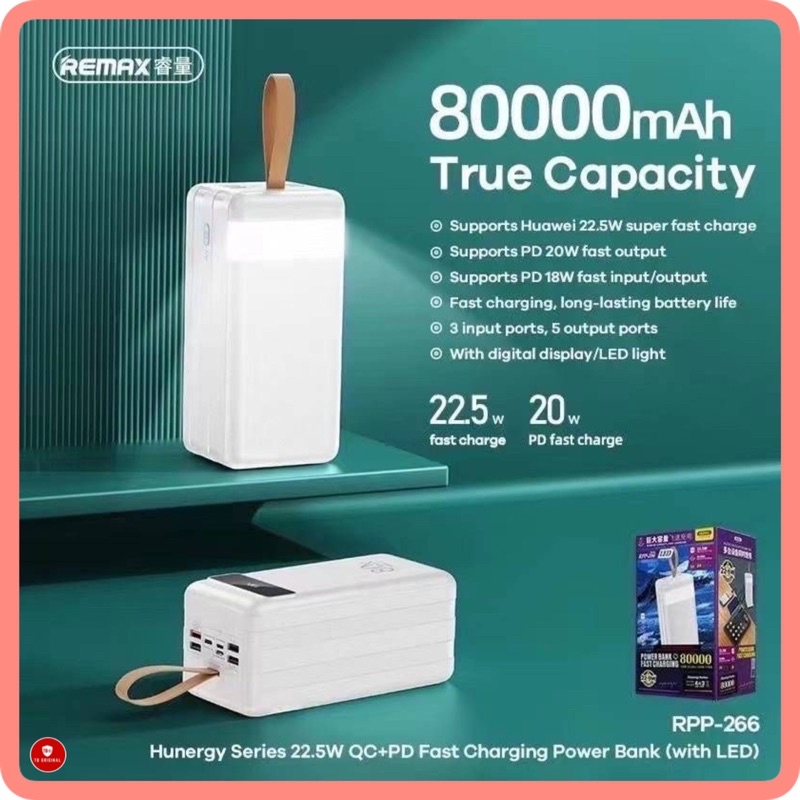 REMAX 80000mah RPP-266 Power Bank 80,000 mAh QC3.0 22.5W+PD 20W แบตสำรอง Fast Charge