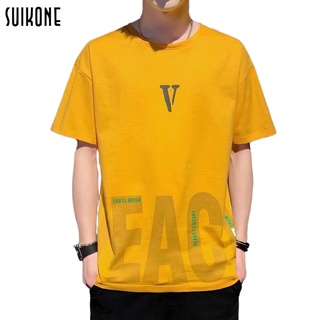 Suikone ฤดูร้อนผู้ชายแขนสั้นเสื้อยืดสีดำ V ตัวอักษรลำลองเยาวชนนักเรียนแนวโน้มแฟชั่นยอดนิยมแขนสั้น