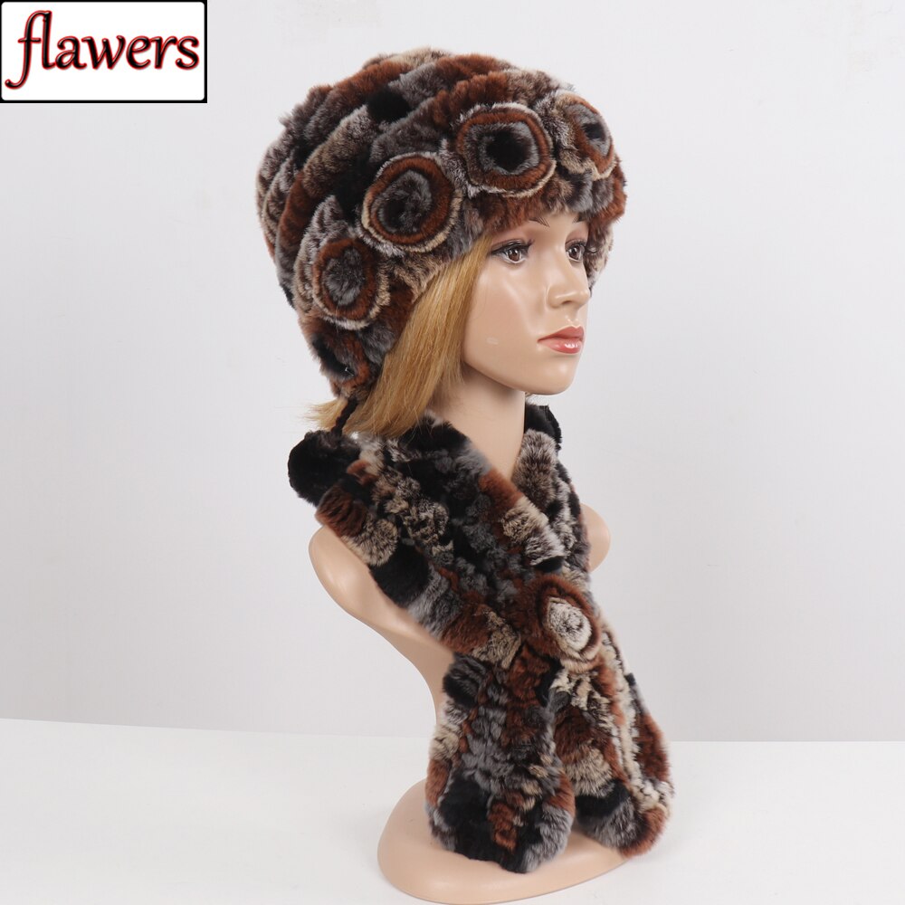2 Pieces Sets Knit Real Rex Rabbit Fur Hat Scarf Women Winter Rex ...