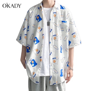 OKADY เสื้อผู้ชาย ญี่ปุ่นพิมพ์แฟชั่นผู้ชายเสื้อสุทธิสีแดงบางส่วนเกาหลีรุ่นหล่อลำลองแขนสั้นเสื้อฤดูร้อนยอดนิยมครึ่งแขน เสื้อผ้าถูก