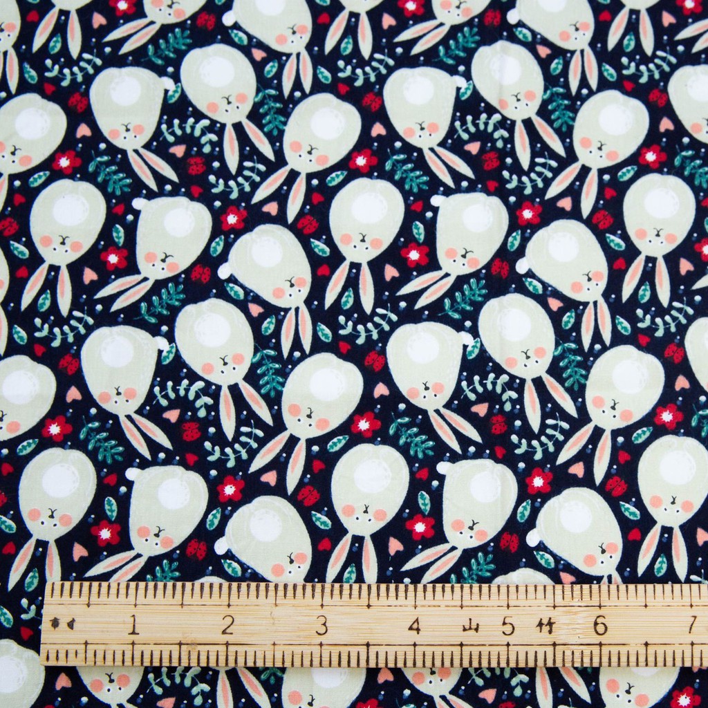 ผ้าคอตตอน poplin พิมพ์ลายดอกไม้ ลายกระต่าย ข้าวปั้น