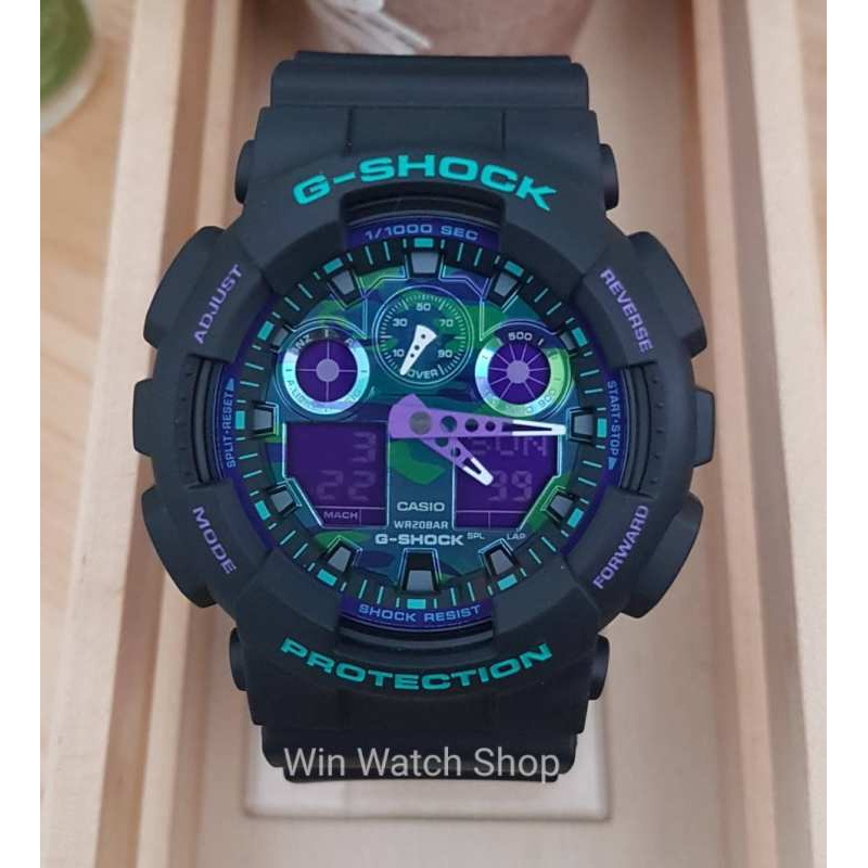Win Watch shop นาฬิกา Casio GShock รุ่น GA100BL1A นาฬิกาผู้ชาย สายเรซิ่น สีดำม่วง รุ่น Jokerของแท้ เ