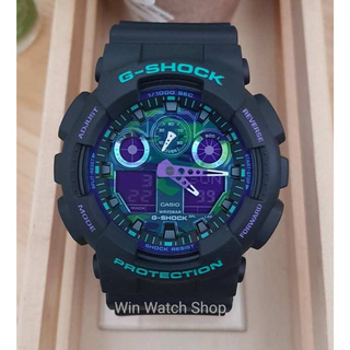 Win Watch shop นาฬิกา Casio GShock รุ่น GA100BL1A นาฬิกาผู้ชาย สายเรซิ่น สีดำม่วง รุ่น Jokerของแท้ เต็ม