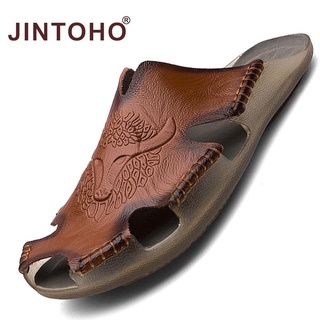 【JINTOHO】รองเท้าแตะ หนังวัวแท้ แบบสวม ระบายอากาศ คลาสสิก พลัสไซซ์ แฟชั่นฤดูร้อน สําหรับผู้ชาย ไซซ์ 38-48