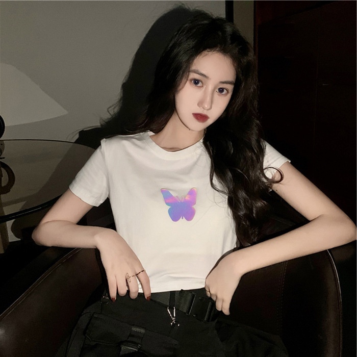 【WJZ】เสื้อยืดแขนสั้นพิมพ์ลายผีเสื้อแฟชั่นเกาหลีสำหรับผู้หญิง【6611】
