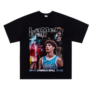 การพิมพ์ฝ้ายเสื้อยืดโอเวอร์ไซส์ เสื้อยืดแขนสั้น ผ้าฝ้าย ทรงหลวม ลาย NBA LaMelo Ball สไตล์ฮิปฮอป 2022S-3XLS-4XL