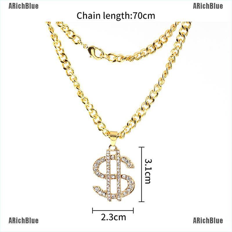 Arichblue Gold Plated Crystal Dollar Sign Pendant Necklace Gangster Pimp Hip Hop Chain 7909