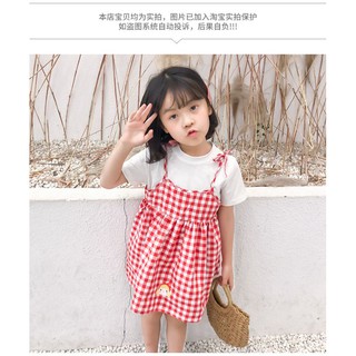 Phatkidsclub ชุดเด็กผู้หญิง เสื้อผ้า cotton + เอี๊ยมกระโปรงลายสก็อตสีแดงขาว