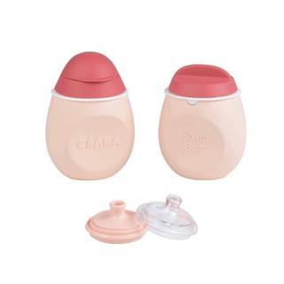 Beaba Set BabySqueez 2 in 1 &amp; SqueezPortion - PINK ขวดซิลิโคนพร้อมจุกดื่ม ที่ใส่อาหารบดละเอียด