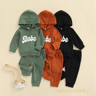 LAA6-2Pcs Kids Letter Print Hooded Long Sleeves Sweatshirt + Elastic Waist Casual Pants