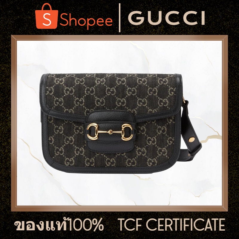 🆕2022 new กุชชี่ Gucci Horsebit 1955 shoulder bag black and ivory GG denim 602204 Small size