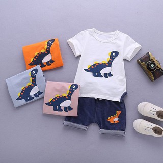 เสื้อยืดพิมพ์ลายไดโนเสาร์ + กางเกงขาสั้นสำหรับเด็ก 2 ชิ้น
