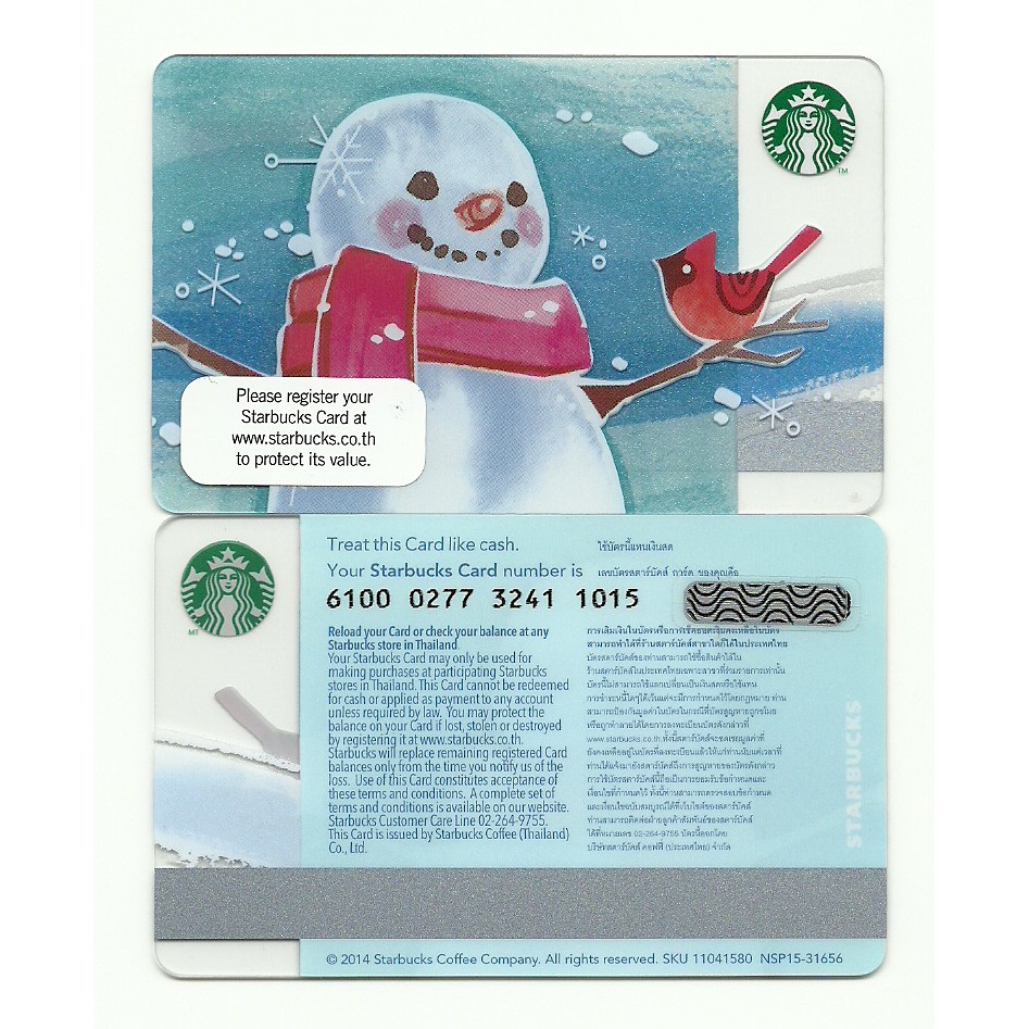 บัตรเปล่า 2014 Starbucks Thailand Card Snowman and Red Cardinal