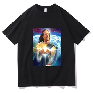 เสื้อยืดคอกลม แขนสั้น ผ้าฝ้าย พิมพ์ลาย Jesus Cage Nicolas Cage สไตล์ฮาราจูกุ สําหรับผู้ชาย และผู้หญิง