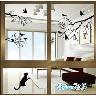 SALE Vinyl wall sticker สติ๊กเกอร์ติดผนัง กิ่งไม้แมวและนก (กว้าง58cm.xสูง54cm.)