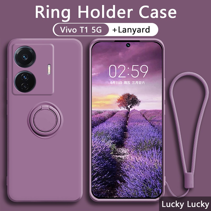 เคส vivo T1 5G โทรศัพท์ ชนิดซิลิโคน สีพื้น สไตล์หรูหรา พร้อมแหวนแม่เหล็กขาตั้ง สายคล้องมือ สำหรับ