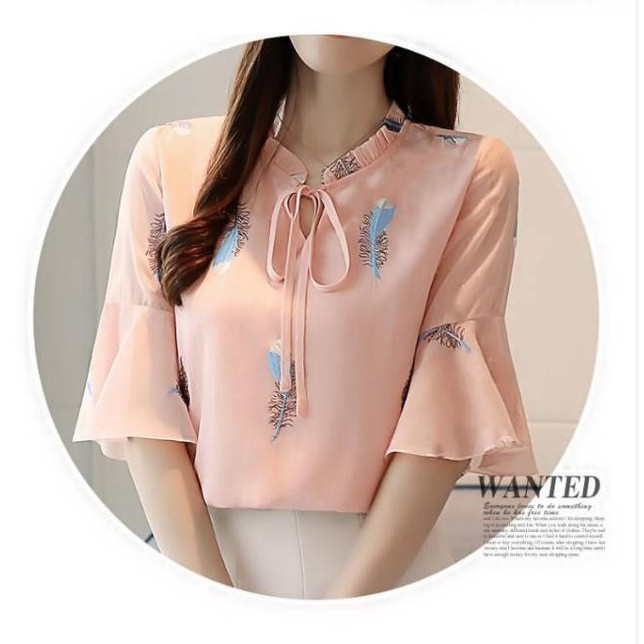 [Ready Stock] Women Bell-Sleeve Flower Chiffon Blouse Korean Style Short Sleeves Loose Shirt #6
