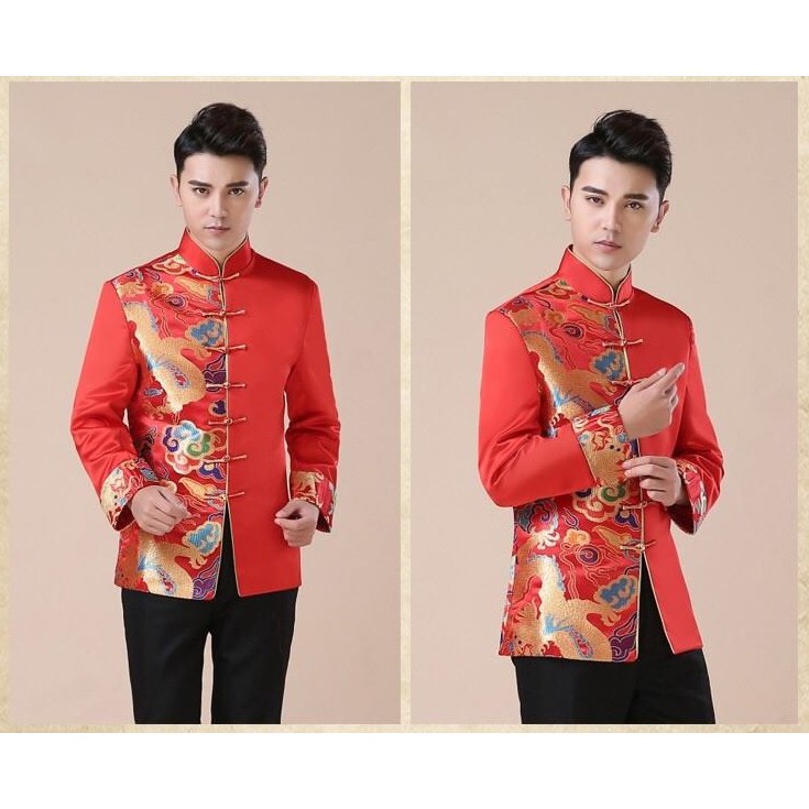 SMAMAY150เสื้อจีนชาย เสื้อเจ้าสัว สีแดงคาด ดีเทลทอง CDR012