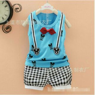 เสื้อกล้าม+ กางเกง ลาย micky mouse กางเกงลายสก๊อต