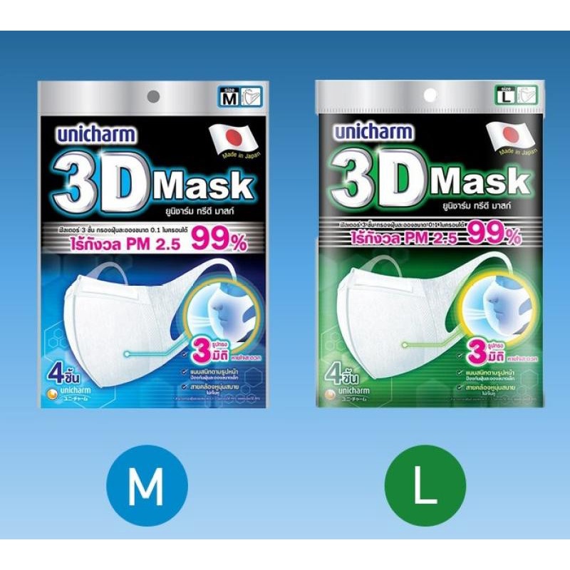 **พร้อมส่ง** ((1 ซองมี 4 ชิ้น)) Unicharm 3D MASK ยูนิชาร์ม ทรีดี มาส์ก size S/M/L กันฝุ่น PM2.5 กันไวรัส หน้ากากอนามัย