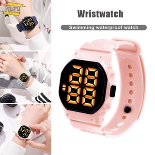 นาฬิกาข้อมือ หน้าจอ LED ขนาดใหญ่ ปุ่มเรียบง่าย แสดงวันที่ สายยางยืด กันน้ํา สีพื้น สําหรับทุกวัย