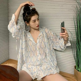 เสื้อเชิ้ตกระดุมหน้า ผ้าชีฟองพิมพ์ลาย มีเชือก
