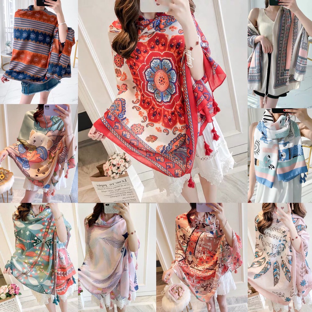 ผ้าพันคอโบฮีเมียน เนื้อผ้านิ่ม ประดับตกแต่งพู่ที่มุม 4 มุม สินค้าใหม่ ราคาสบาย พร้อมส่งในไทย
