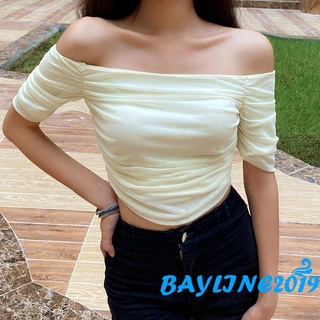 Bay- เสื้อครอปท็อป แขนสั้น เปิดไหล่ แต่งระบาย สีพื้น แฟชั่นฤดูร้อน สําหรับผู้หญิง งานปาร์ตี้ คลับ