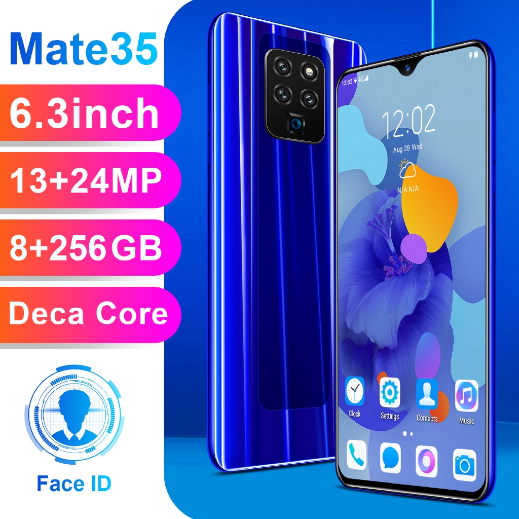 เครื่องจริง Mate35 6.3 นิ้วมาร์ทโฟน Android 8 + 256GB หน้าปลดล็อค 2SIM แปลภาษาไทย