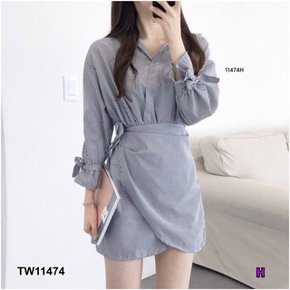 J11474 Dress เดรส ริ้ว ผูกโบว์แขน + สายผูกเอว