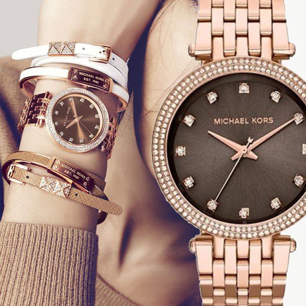 [authentic] Michael Kors Darci Sable Blue Rose Gold Tone Pave Glitz Crystals Women Watch Jam