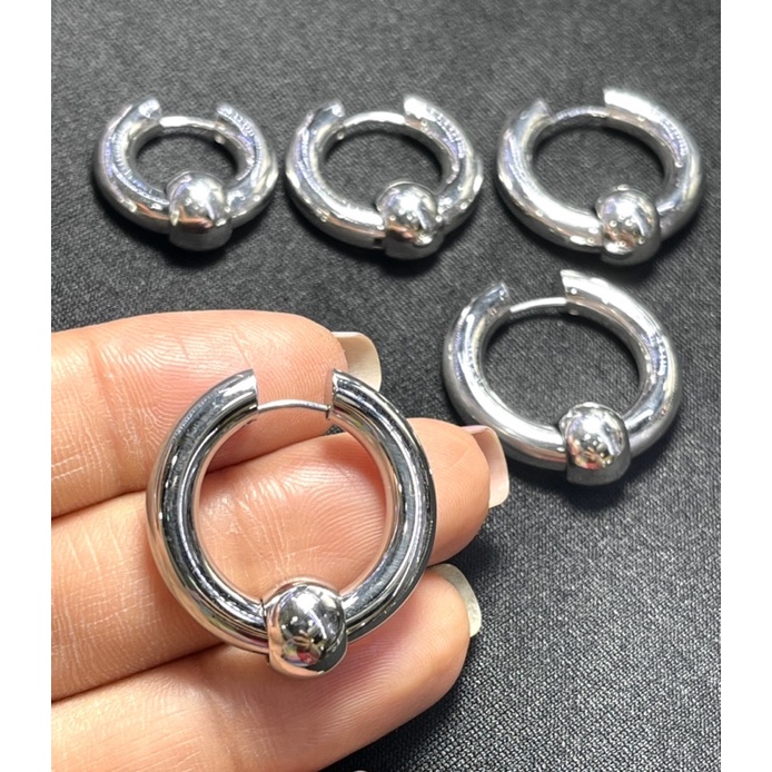 New🎊ต่างหูห่วงห้อยตุ้มกลมหนา5mm.ก้าน0.8mm.สแตนเลสเกรดเครื่องมือแพทย์เกรดดีที่สุดเงาสวยห่วงใส่หลอกเหมือนระเบิดหูข้าง/คู่