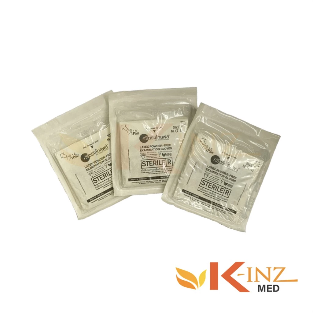 ถุงมือตรวจโรค STERILE ยี่ห้อศรีตรัง ไม่มีแป้ง (กล่องเขียว) ราคาขายปลีก 1 ซอง และ 5ซอง