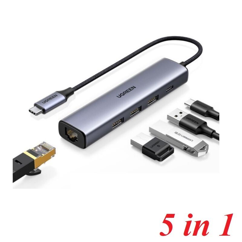Ugreen 20932 5 in 1 USB type C to Usb3.0 + Rj45 1000M gigabits Ethernet + Pd Adapter CM475