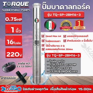 TORQUE ปั๊มบาดาล ทอร์ค 0.75HP 16ใบ 1นิ้ว (สำหรับบ่อ3นิ้ว) รุ่น TQ-SP-2BM16-3 แถมฟรีสายไฟ50เมตร ฝาบ่อ กล่องควบคุม