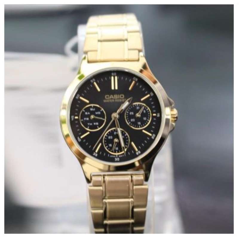 Win Watch Shop Casio Standard รุ่น MTPV300G1A นาฬิกาข้อมือผู้ชายสายสแตนเลสสีทอง หน้าปัดสีดำ เต็ม