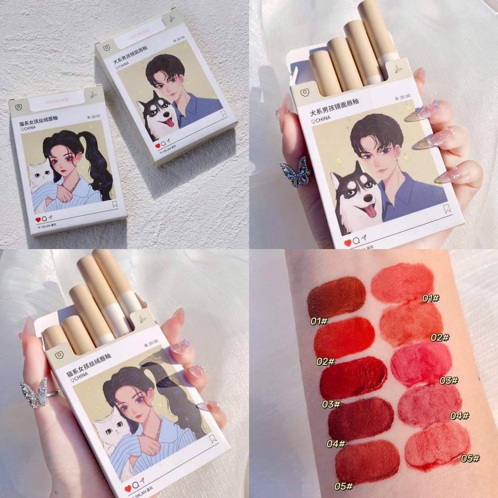 ลิปเซท HERORANGE ลิปทินท์ เนื้อครีมมี่ นุ่มละมุนปาก สีชัด ติดทน เซท 5 แท่ง 5 สีVelvet Lip Glaze Lip Tint