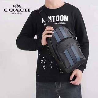 COACH HOUSTON SLING PACK WITH VARSITY STRIPE (COACH F49318) 🔻 SIZE : 7 3/4" (L) x 13 1/2" (H) x 2 3/4" (W)BLACK DENIM