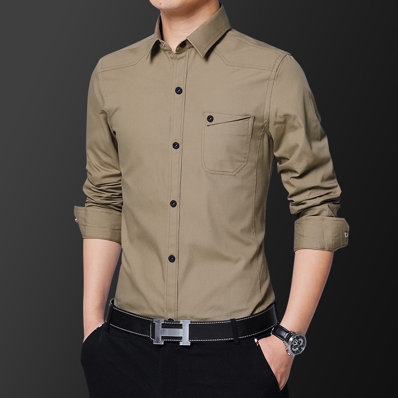 Army Green Men's Long Sleeve Shirt เสื้อเชิ้ตผู้ชาย เสื้อเชิ้ตแขนยาว ทรงสลิม