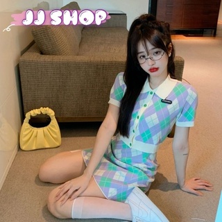 JJ​ Shop​💜​พร้อมส่ง เซ็ทเสื้อไหมพรม+กระโปรง ลายตารางหมากรุก มี2สี "50020+50020-1" -N