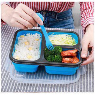 Foldable silicone rice box กล่องข้าวซิลิโคนพับเก็บยืดหดได้ 3 ช่อง กล่องข้าวซิลิโคนพับ