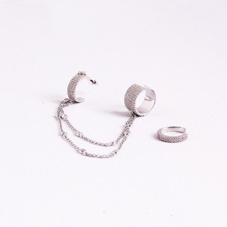 SWAN - Chain Earring with Cuff ต่างหูเงินแท้ ดีไซน์สร้อยโซ่ พร้อม ear cuff ฝังเพชรคิวบิคเซอร์โคเนีย