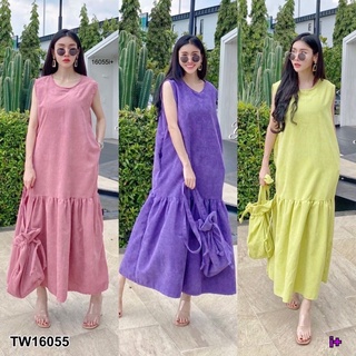 🎀⛱เดรสเที่ยว ไปทะเล Maxi Dress เดรสยาวคอกลม แขนกุด เย็บต่อชาย มีซิปหลัง เนื้อผ้าลูกฟูกเนื้อผ้าดีสุดๆ